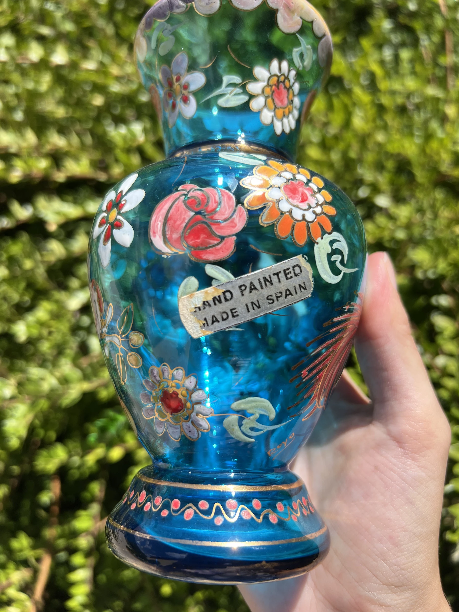 🩵 Vintage vaas van handgeschilderd glas Royo gesigneerd Made in Spain 17 cm – photo 4